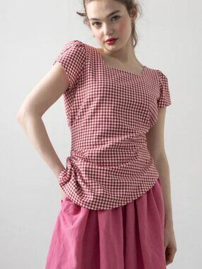 Rightful Owner Clara Blouse Tie-Back in Red Checks Size Small. Canadian Designer
